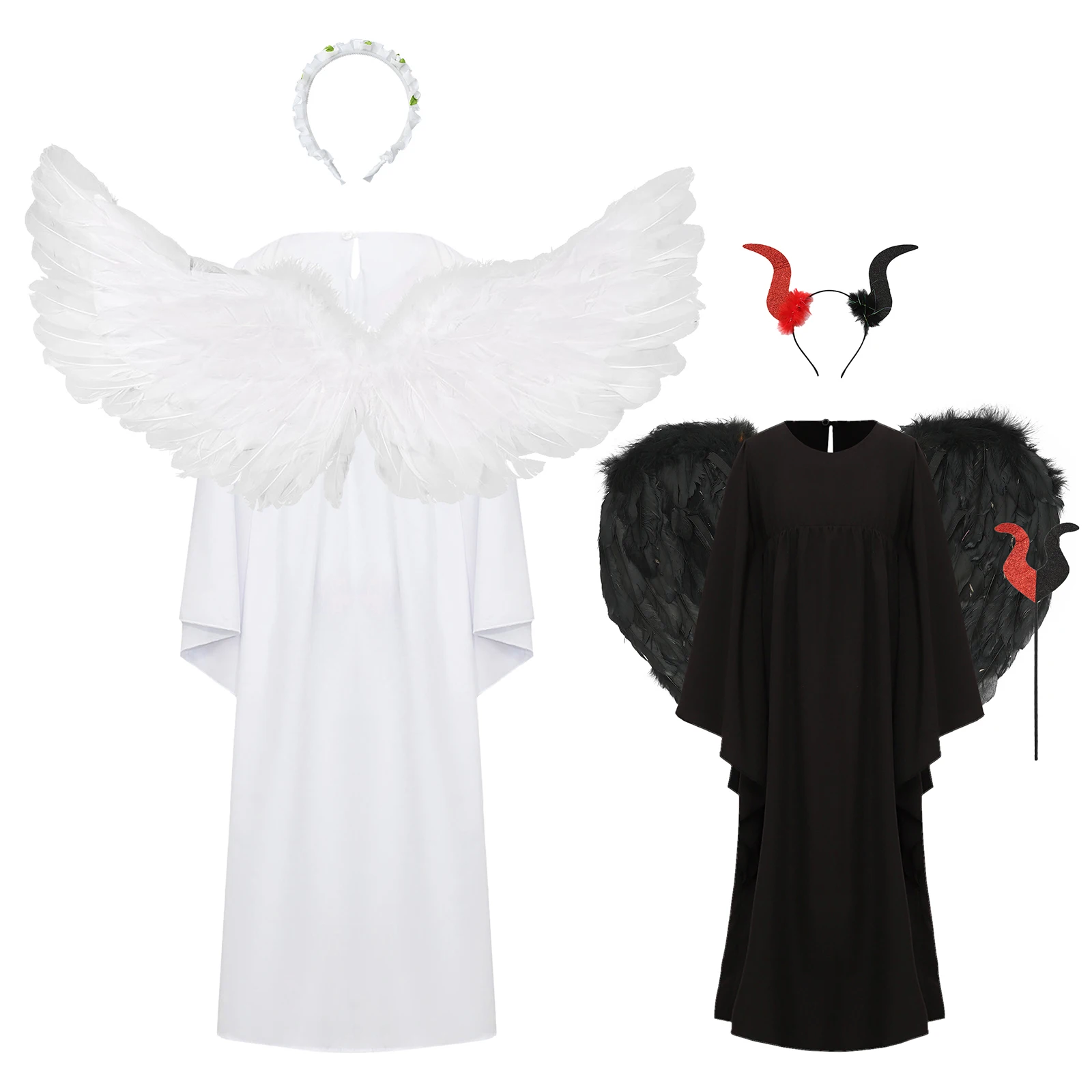 

Kid Girl Angel Dress Devil Costume Set Long Sleeve Grown Dress +Headwear Headband + Feather Wings for Halloween Cosplay Costumes