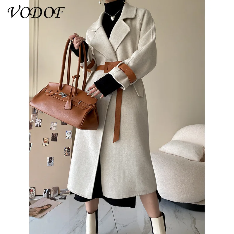 

Winter Women Wool Long Coat Elegant Solid Lapel Blend Coat with Belt Jacket Autumn Vintage Office Lady Slim Fit Female Overcoat