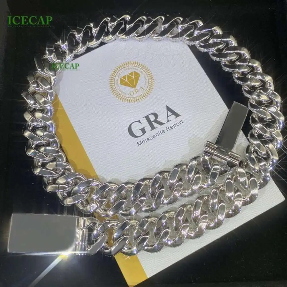 Luxury Hip Hop Men Custom Necklace Luxury 20mm Vvs Moissanite Diamond 925 Silver Cuban Link Chain Necklace.