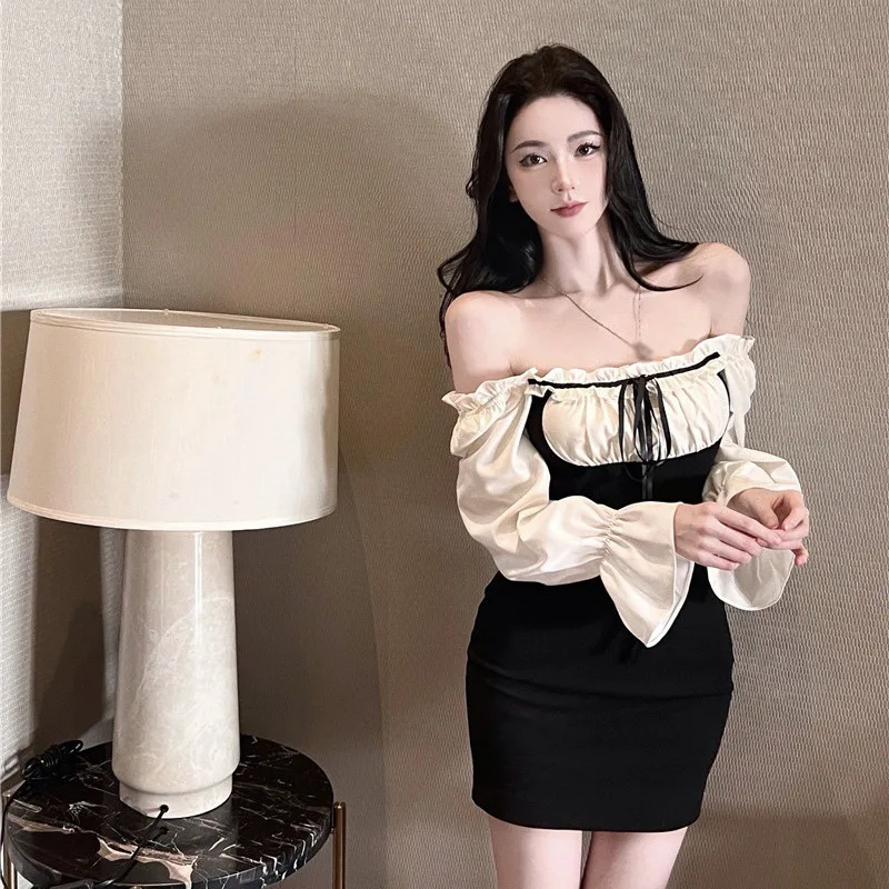 Off Shoulder Women's Dress French Dress  Leisure Time Long Sleeve Vintage Dress