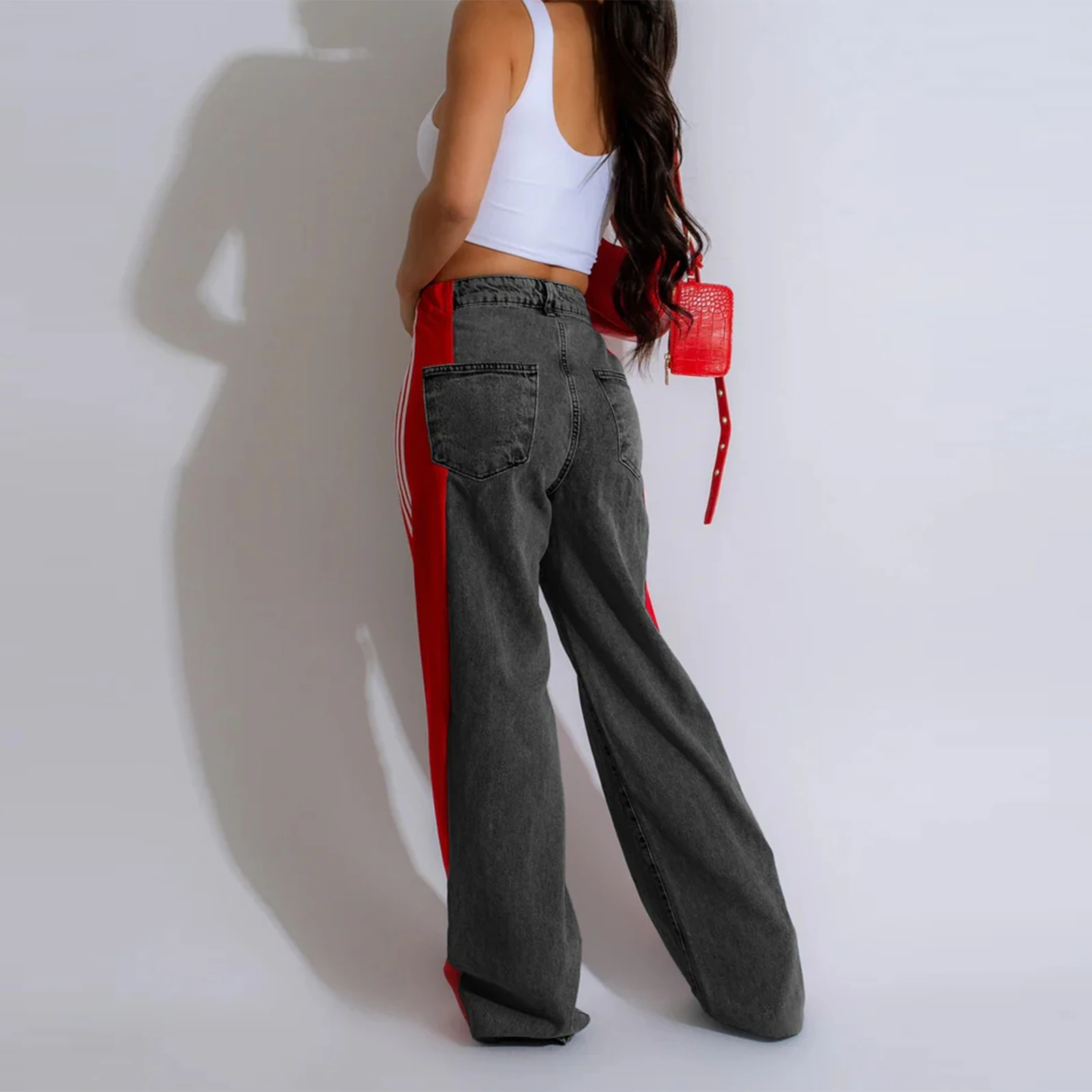 Combhasaki Damen Y2K Ästhetische Baggy-Jeans Lange Hose Knopf Hohe Taille Lose Weites Bein Seitlich Gestreifte Denim-Hose mit Taschen