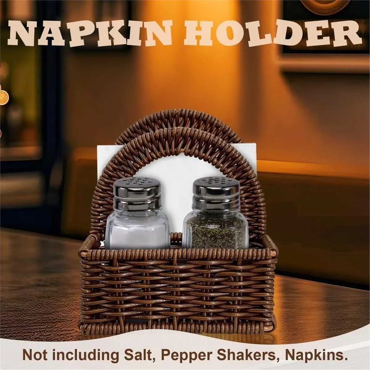 Plastic Rattan Napkin Holder with Salt and Pepper Shakers Holder for Table, Kitchen Countertop Organizer