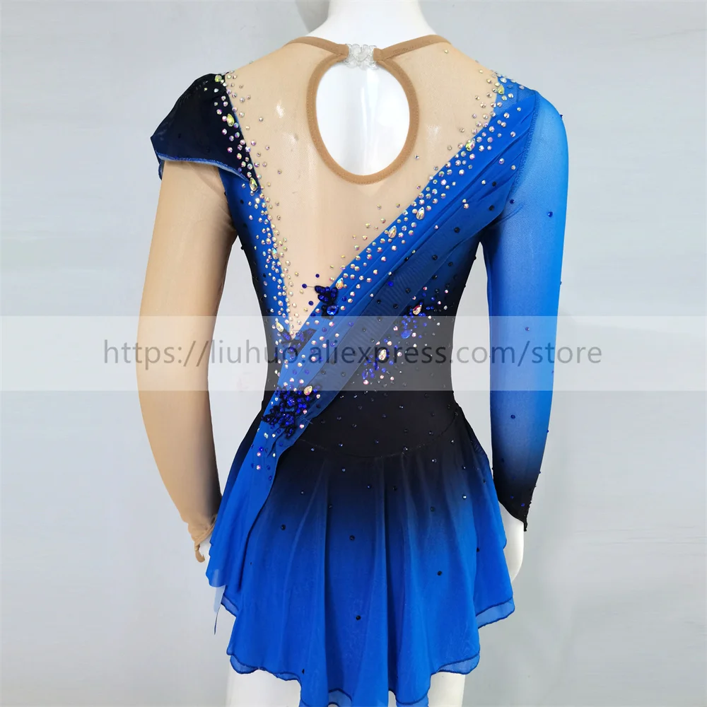 LIUHUO Women Aldult Teen Girl Customize Costume Performance Competition Leotard Ice Figure Skating Dress Dance Blue Skirt Roller