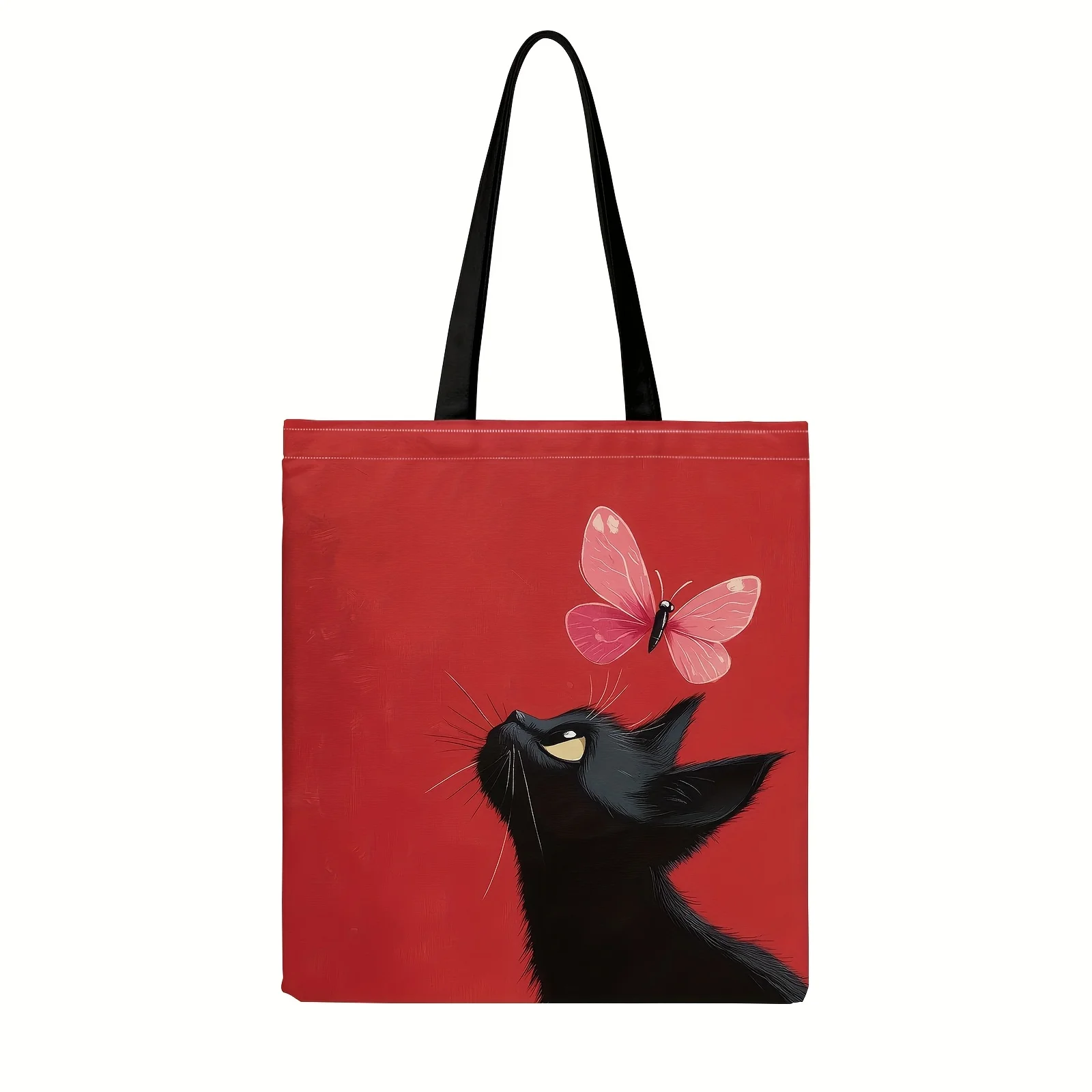 Women's Casual Tote Bag with Black Cat&Pink Butterflies Print on Red Background Open Top Design for Daily Use,Cute Tote Bag