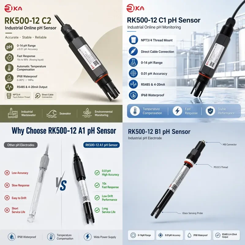 for RIKA Industrial pH Sensor Digital Rs485 4-20mA Modular Probe for Bioreactor Aquaculture Tank Seawater