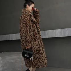 Leopard Print Teddy Fur Coat Women Outwear 2024 Winter Thick Warm Casual Loose Suit Collar Long Faux Rabbit Fur Jacket Female