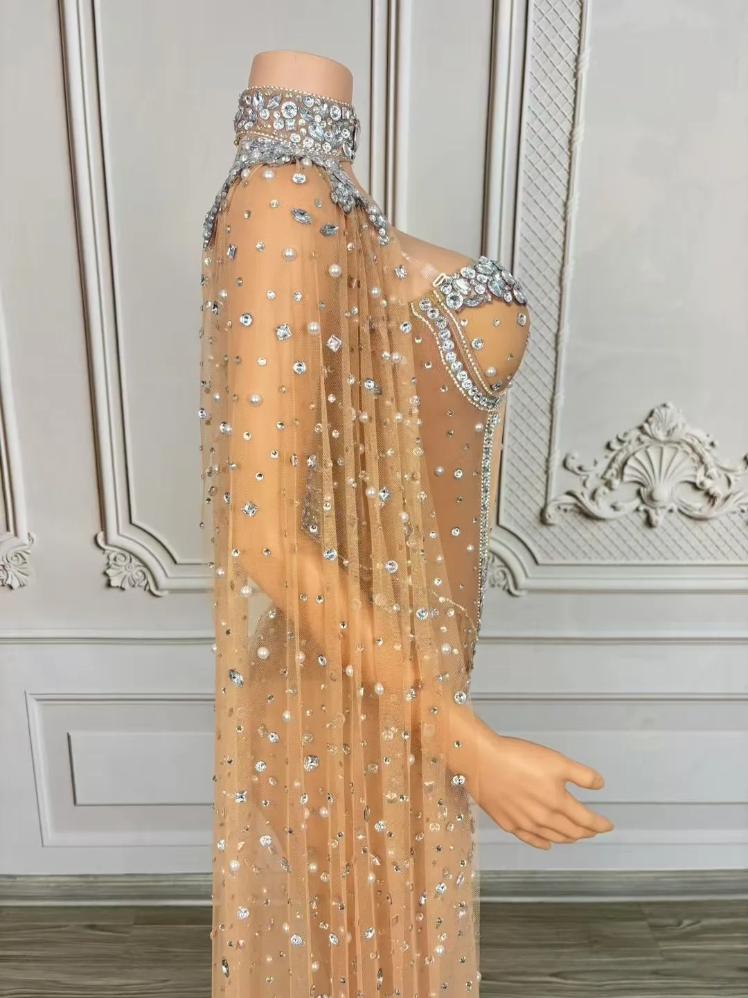 Women Sexy Rhinestone Mesh Cloak Long Tail Spandex Bodysuit Dance Stage Costumes gig Performance Outfit Party Bodysuit Youmeng