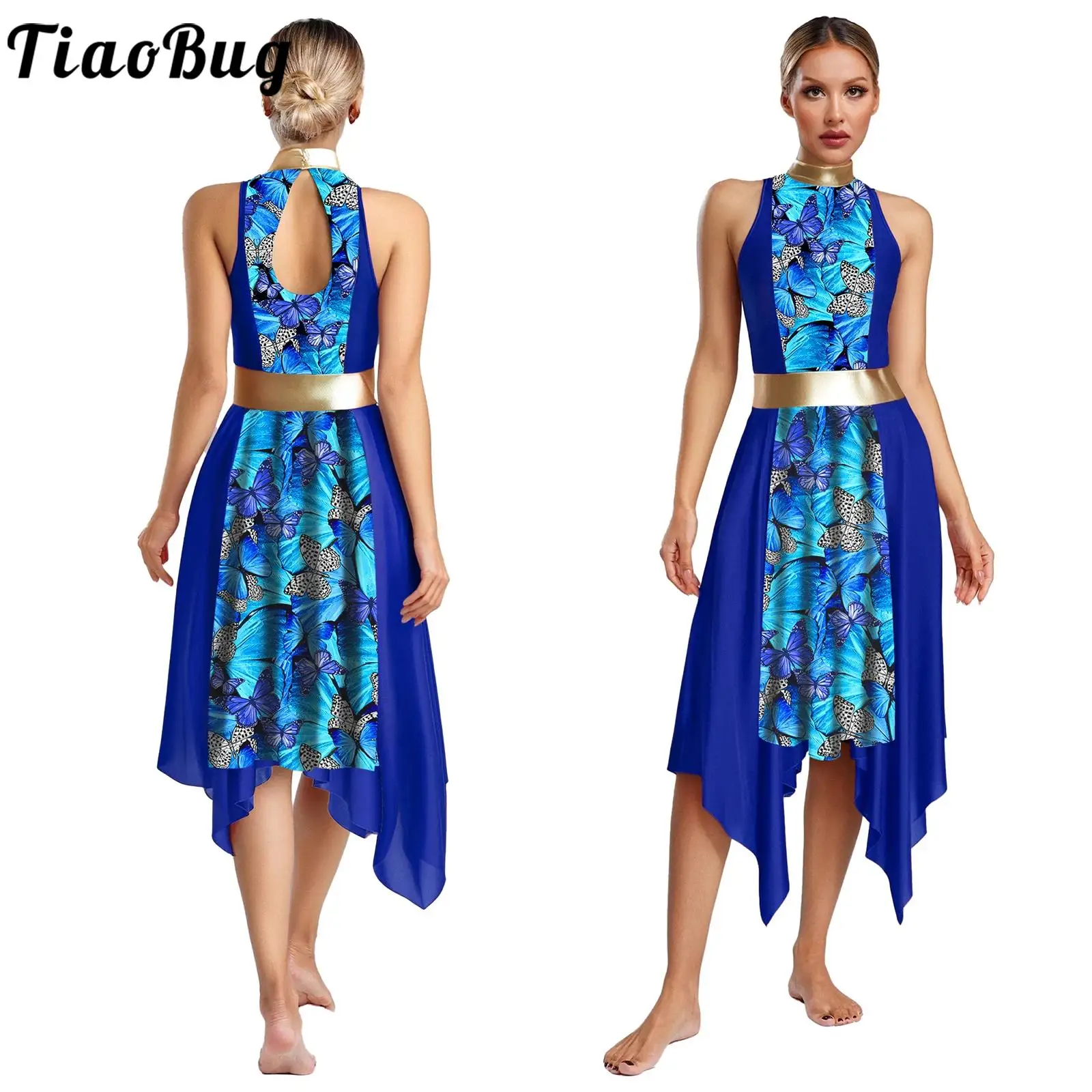 

Women Adult Liturgical Praise Worship Dresses Robe Asymmetrical Hem Sleeveless Stylish Print Dress for Ballet Lyrical Dancewear