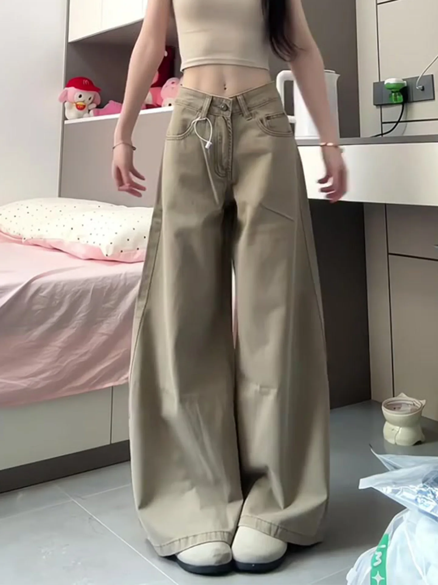 

Washed Khaki Straight Leg Jeans Women's Summer New Slim Fit Floor-Length Wide Leg Denim Pants High Waist American Style