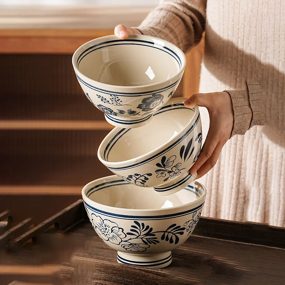 Japanese Vintage Flower Porcelain Bowl Hand-Painted Ceramic Round Homehold Tableware Yogurt Milk Dessert Fruit Salad Bowls