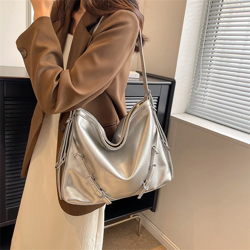 Large Capacity PU Hobo Shoulder Bag For Women Trendy Y2K Punk Leather Handle Bag Fashion Underarm Handbag Crossbody Tote