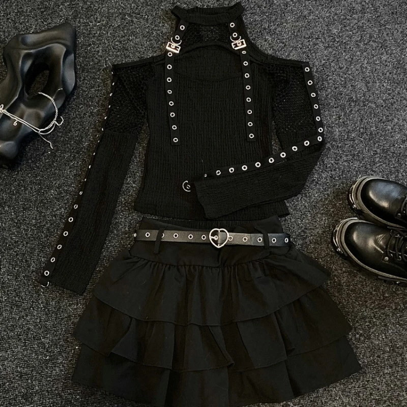 Nuovo gotico punk scuro grunge a rete set da 2 pezzi donna design patchwork Y2k top + gonne moda nero vintage streetwear autunno