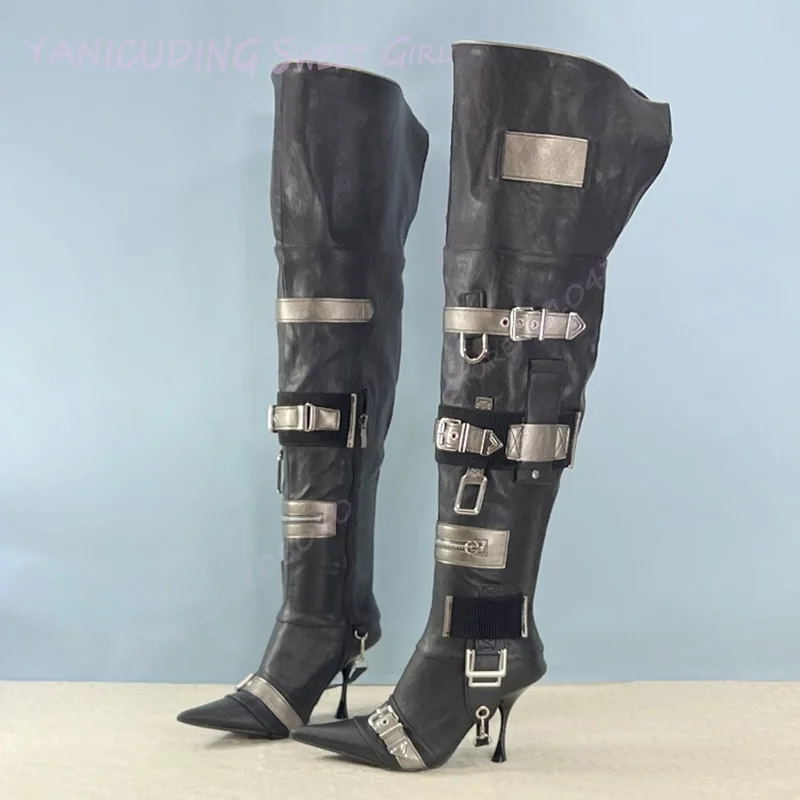 

Long Thigh-High Metallic Silver Buckle Boot Black Leather Lace-Up Striped Women's Booties Street Style Cool Girl Party Shoes