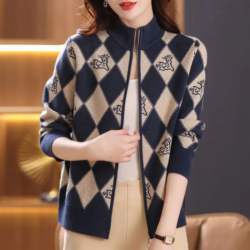 Women\'s Korean Vintage Plaid Sweaters Cardigan Autumn Winter Casual All-match Stand Collar Zipper Knitted Tops Female Clothing