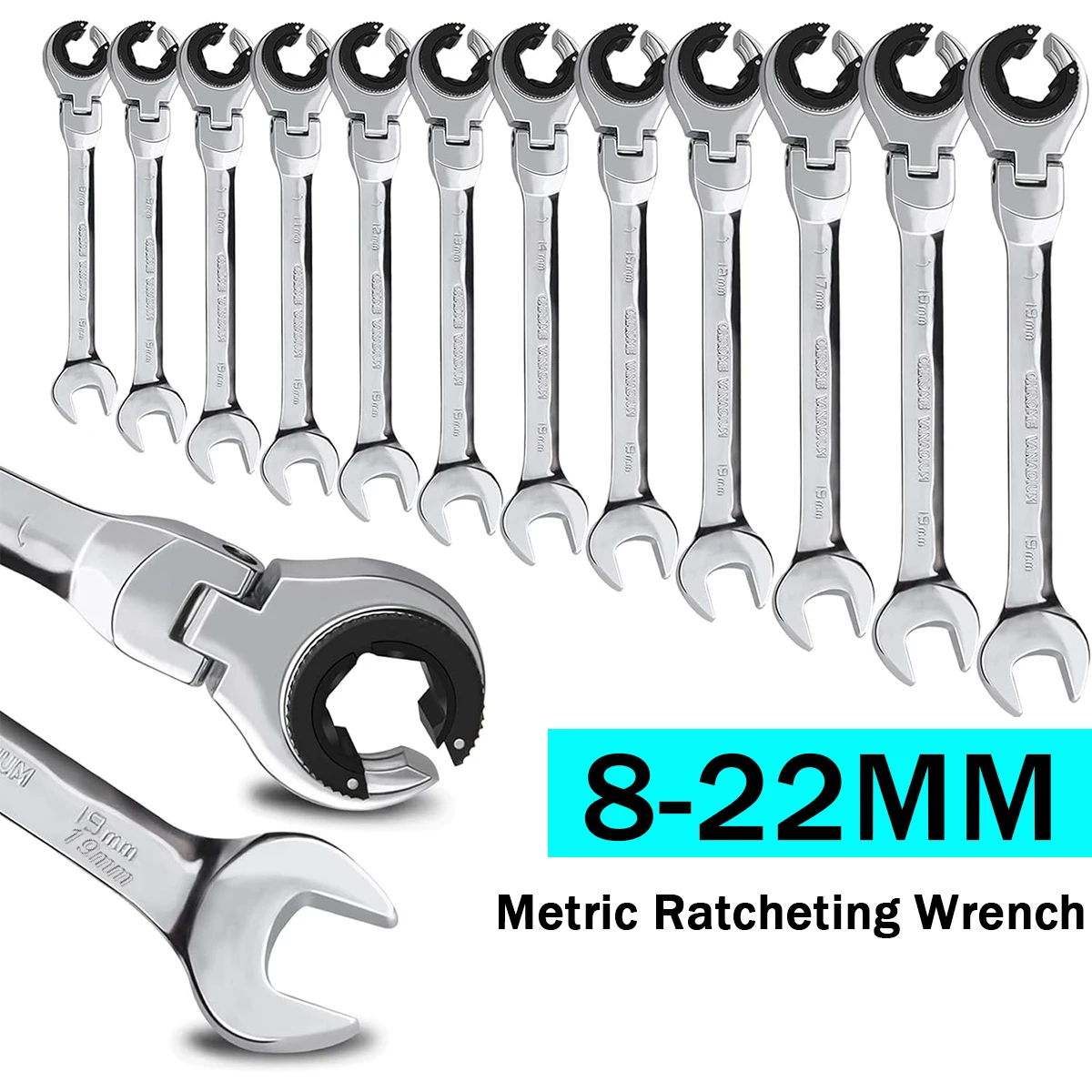 Metric Open Flex-Head Ratcheting Wrench Combination 8-22mm, Metric Spanner with 72 Teeth, Chrome Vanadium Steel Tubing Ratchet