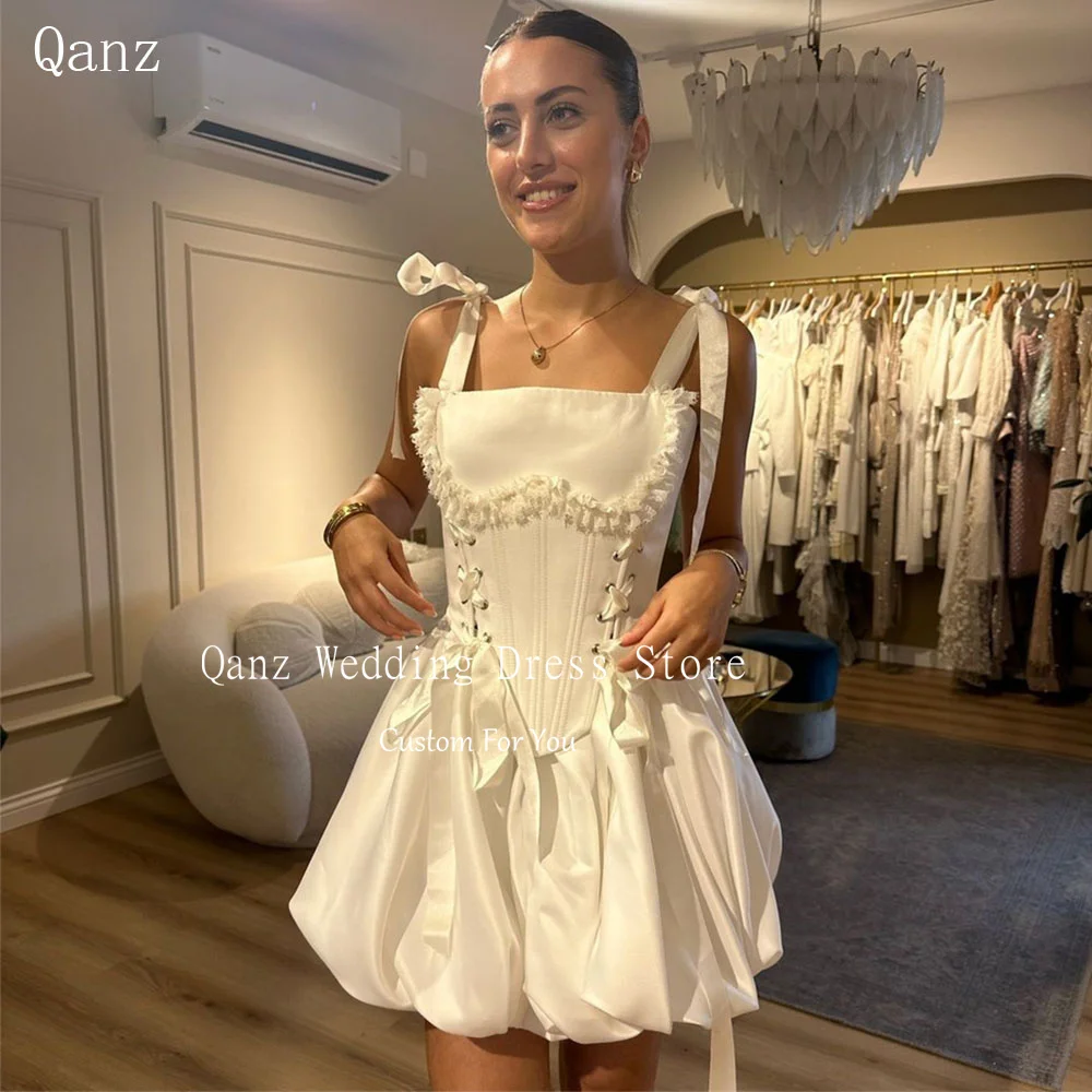 

Qanz Short Puffy Wedding Party Dresses Spaghetti Straps White Mini Robe De Mariée Satin De Luxe Lace Up Back Vestidos De Novia