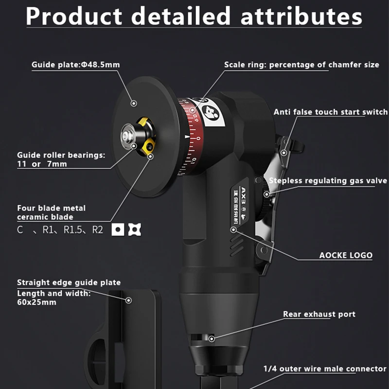 AOCKE Pneumatic Chamfering Gun Chamfering Tool Air Mini Grinder Deburring Beveling Trimming Machine For Metal Repair 30000RPM