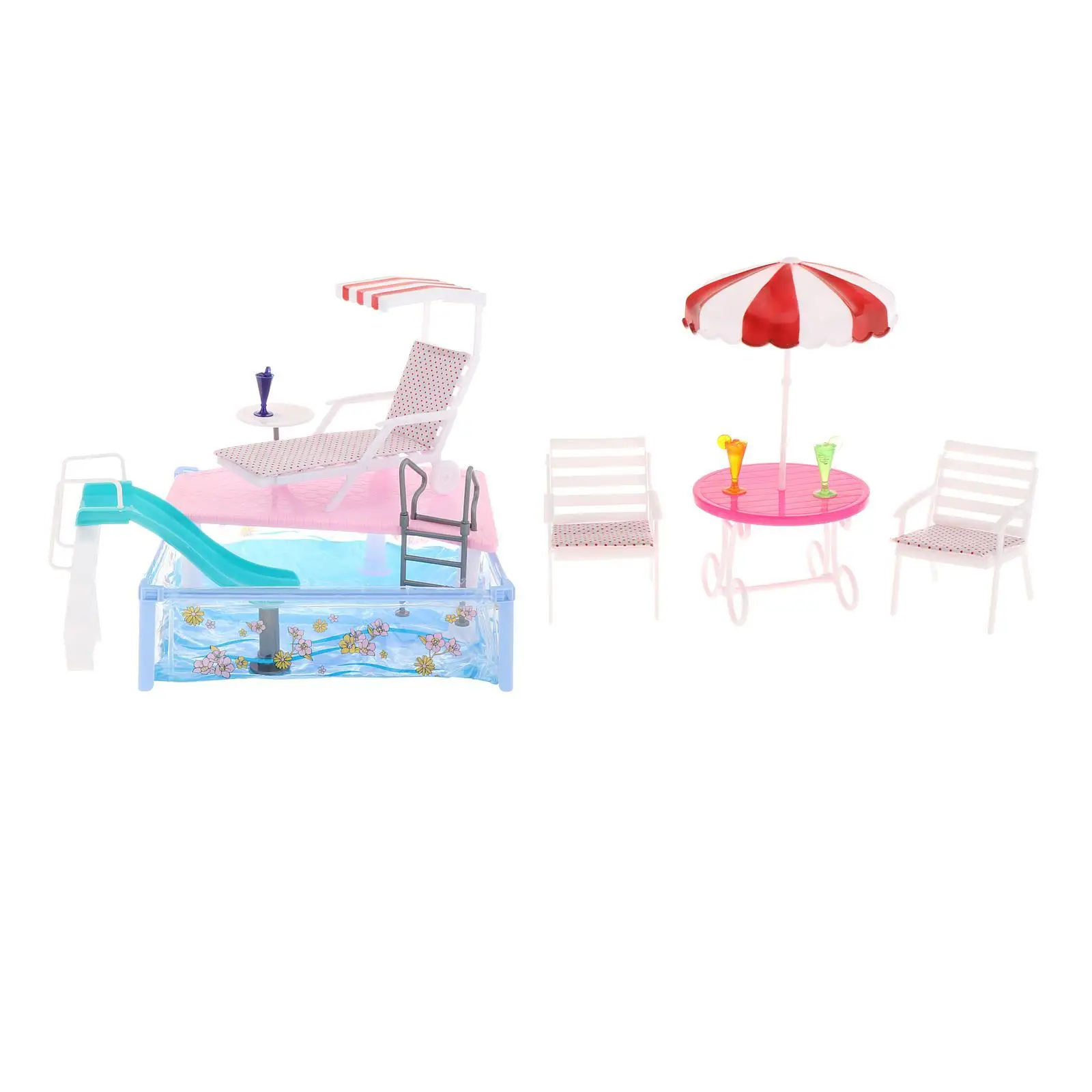 Doll Pool Set Includes Beach Chair, Beach Umbrella, Slide Birthday Gifts Glam Pool Swimming Pool Set for Dolls up to 30cm Girls