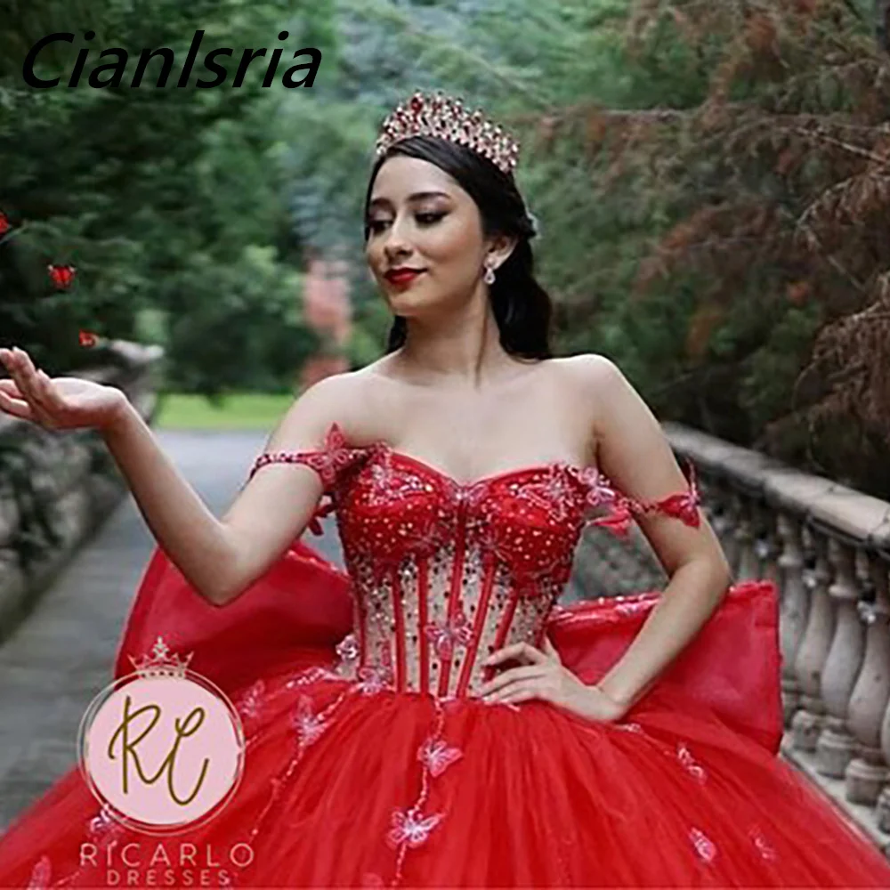 Vestido De fiesta rojo con hombros descubiertos para quinceañera, vestido De mariposa 3D, ilusión De cristal con cuentas y lazo, corsé, 15 Años