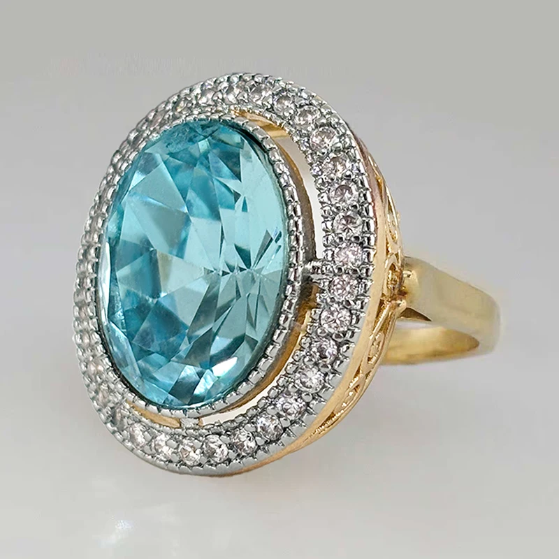 Huitan Luxuriöse zweifarbige ovale blaue Zirkonia-Ringe für Frauen, Verlobungs- und Ehering-Accessoires, eleganter Damenschmuck für Partys