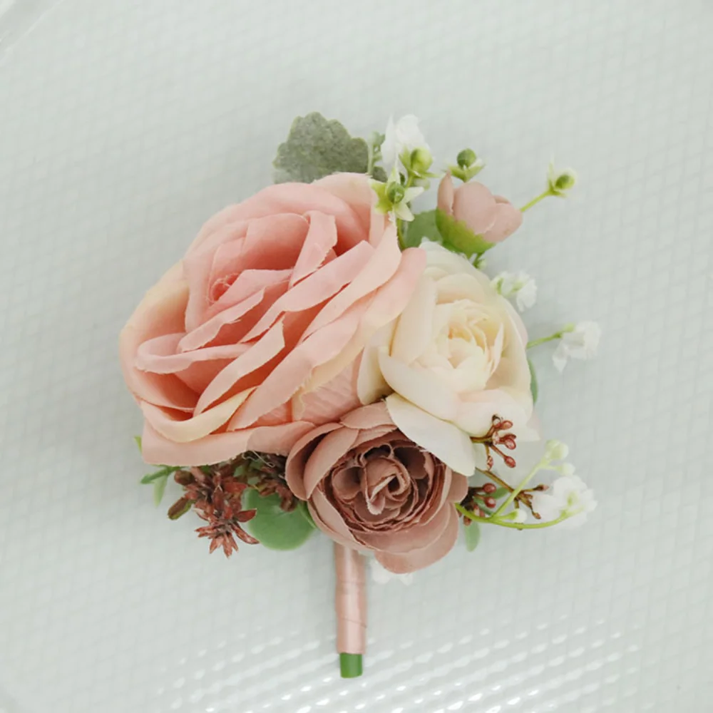 Boutonnière rose poussiéreux pour épingles de mariage, accessoires artificiels faits à la main pour demoiselle d'honneur, corsage de poignet