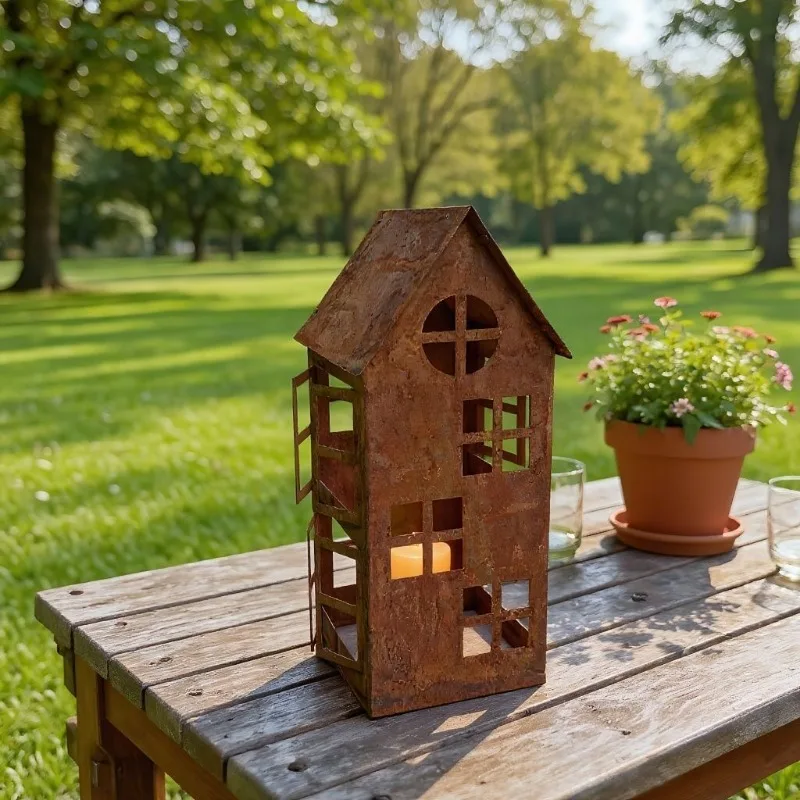 Vintage Rustic Cutout Metal House Candle Lantern Distressed Rust Finish Wind Lamp Decorative Ornament for Patio Garden Balcony