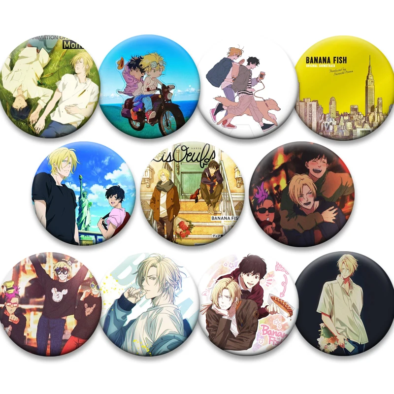 Alfileres de hojalata de pez plátano Aslan Jade Callenreese Ash Lynx Okumura Eiji broches de dibujos animados para mochila accesorios insignia de Anime