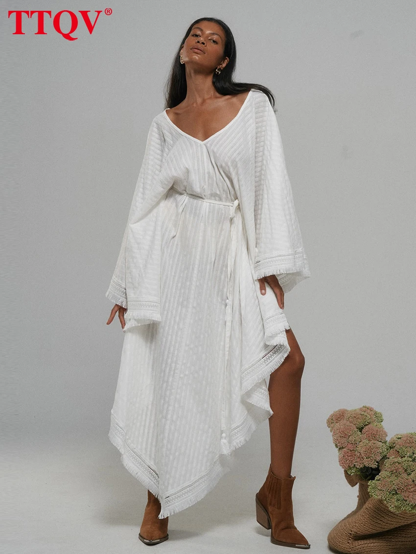 

TTQV Fashion Loose White Cotton Women's Dress 2026 Sexy V-Neck Long Sleeve Midi Dresses Elegant Classic Lace-Up Female Dress