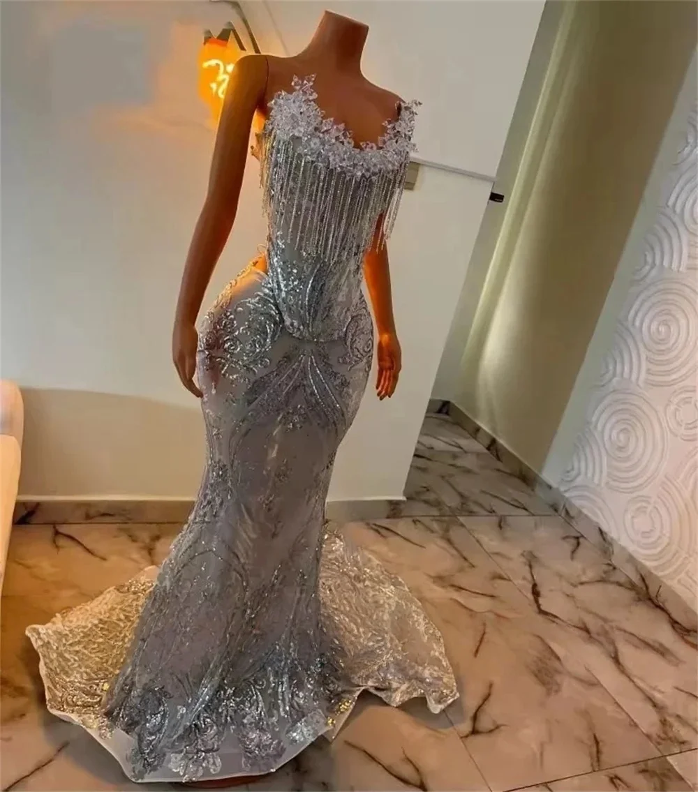 Sparkly African American Prom Dresses For Black Girls Mermaid Sheer Lace Beaded Aso Ebi Robe De Soiree Evening Gown Customized