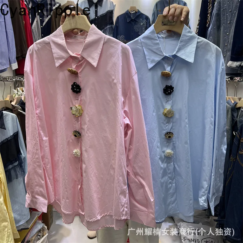 Fashion 2026 New Spring Autumn Loose Women Blouses Solid Color Diamonds Buckle Casual Cardigans Top Long Sleeve Female Shirts