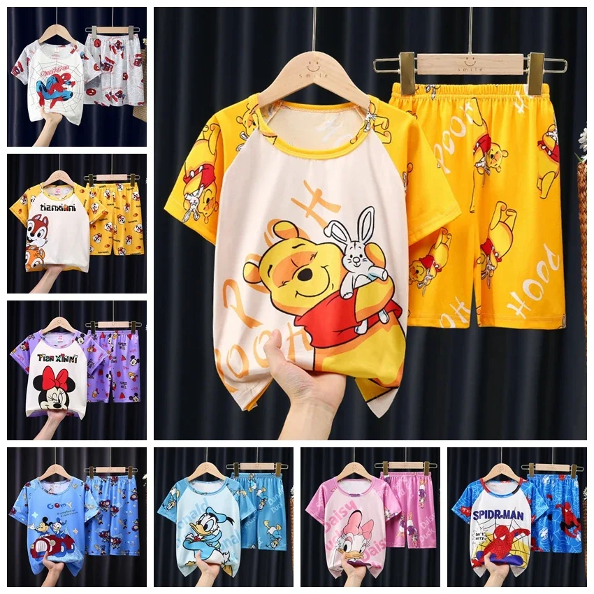 Summer Boy Girl Short Sleeve Pajamas Set Cartoon Spiderman Mickey Minnie Pooh Sleepwear Children Clothing Homewear Kid Nightgown