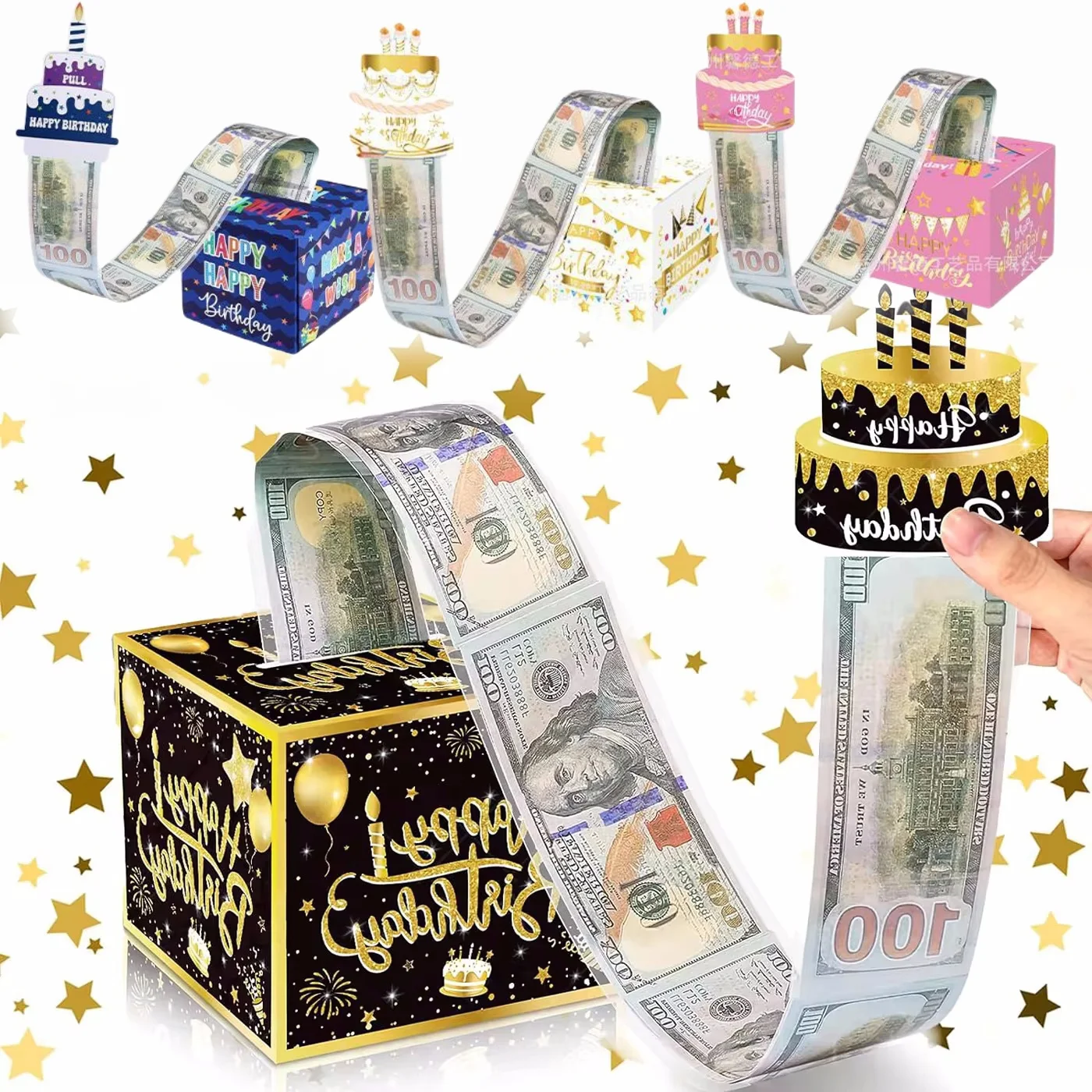 Birthday Money Box For Cash Gift Pull 4-color Options Banknote Roll-up Surprise Box Party Decoration With Cake Card For Friends