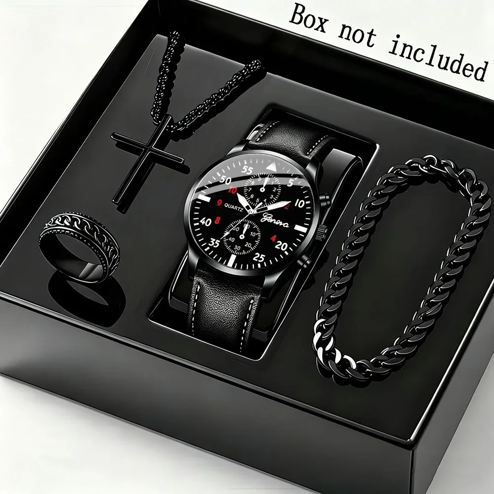 Elegant 4pcs Men's Business Quartz Watch & Fashion Accessory Set -Watch for Men Necklace, Men's Bracelet, Men's Ring Elegant
