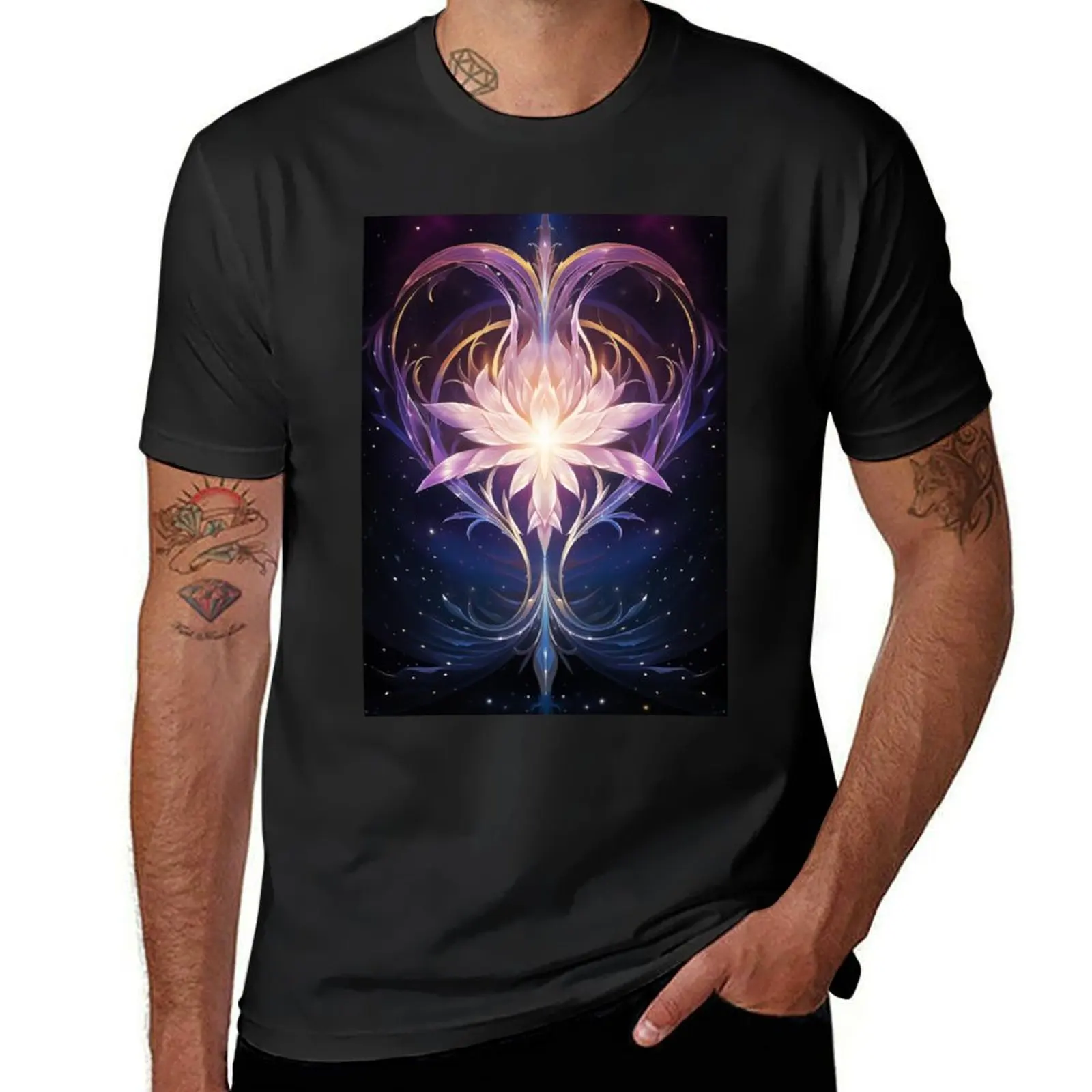 

A lotus flower within a heart on starry night background. T-Shirt boys whites kawaii clothes oversized men t shirt