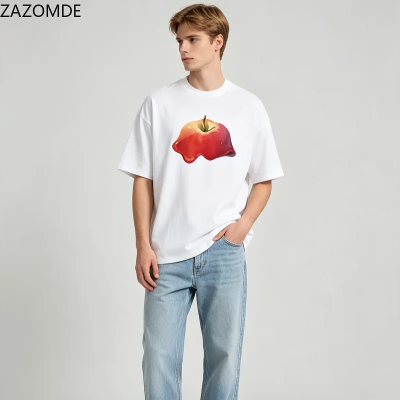 ZAZOMDE Funny Quirky Melting Red Apple T-Shirt Unisex Creative Deformed Fruit Print Cotton Casual Personality Streetwear Tee