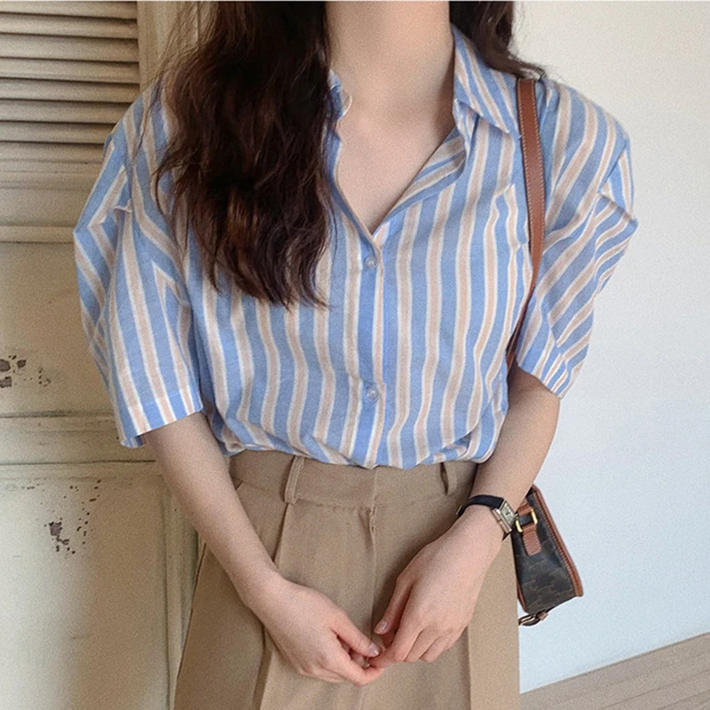 Chic Summer Sweet Fre Milk Soft Blue Striped Turn-down Collar Single Button Loose Casual Bubble Sve irt Women's Faion