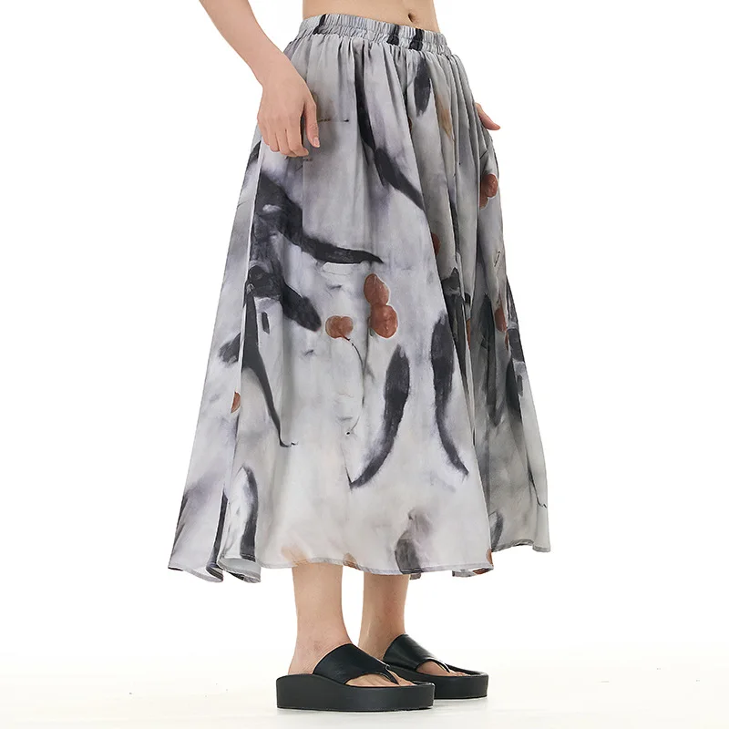 HKSH Women Casual Oversized Skirt Printed Pleated A-line Slimming Elastic Waisted Versatile Elegant Trendy Skirts Summer HK22119