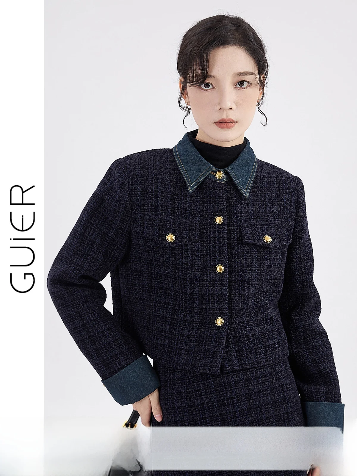 

Guer High-End Layering Women's Jaet ort Denim Patchwork Collar Button Closure Long Sve Loose Fit Winter Outerwear