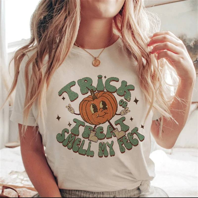 Simple Harajuku New Autumn Halloween Fashion All-match Short-sleeved Cute Fun Pumpkin Print Casual T-shirt Summer Women\'s Print.