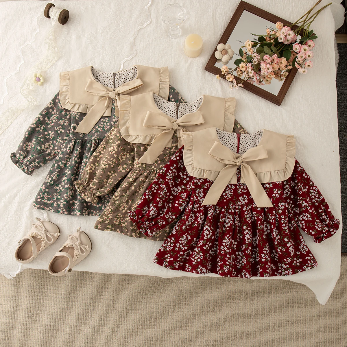 

Baby Girl Clothes Spring And Autumn Bow And Floral Pattern Doll Collar Long-Sleeved Girls Dress Cute Casual Girl Kid's Dress