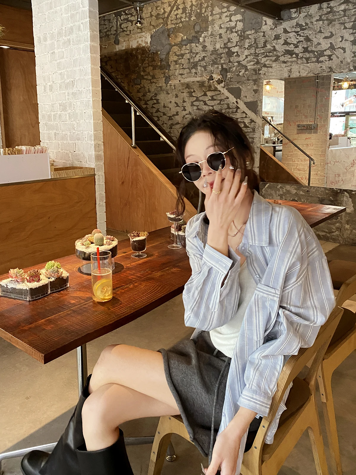 

FEELROOM Korean Sle Casual Blue Striped irt Spring Faion New Loose Lazy Design Top Coat Women's Cotton Long Sve ...