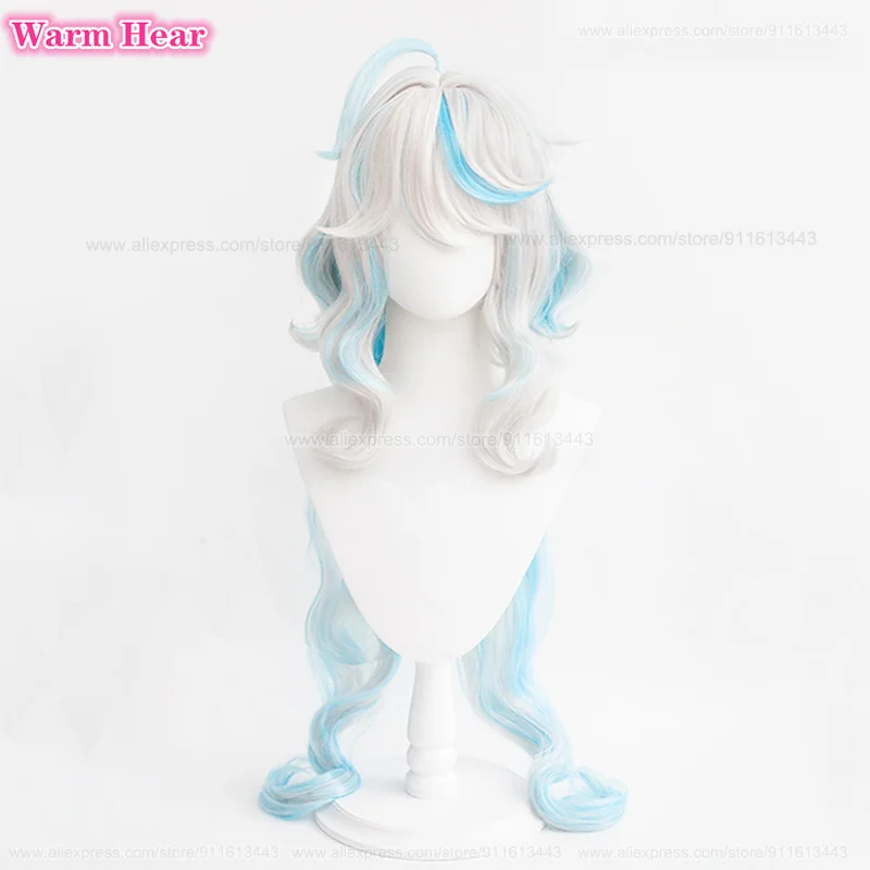 Fontain Furina Synthetic Wig Anime Long 100cm Cruly Silver White Blue Focalors Cosplay Anime Wigs Heat Resistant Wig + A Wig Cap