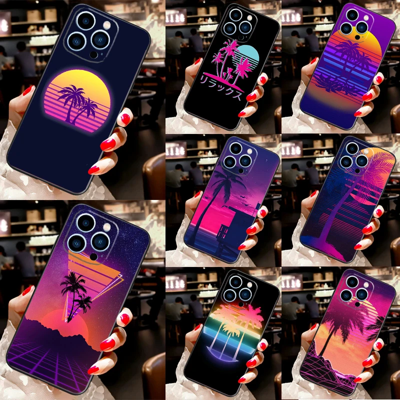 80s Retrowave Neon Palms Tree Phone Case For iPhone 16 15 14 11 12 13 Pro Max 13 Mini X XR XS Max Plus Silicone Back Cover