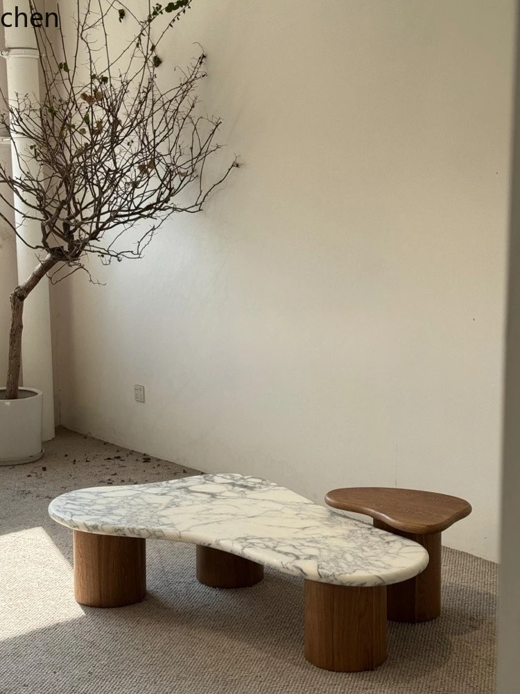 HT  medieval natural travertine solid wood coffee table creative special-shaped marble living room home coffee table