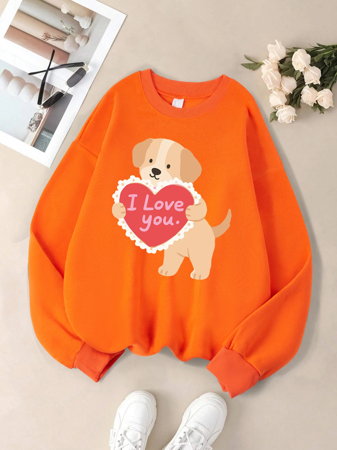 I Love You Cute Dog Bedruckte Sweatshirts Damen Herbst Casual Sweatshirt Weiche Sport Paar Kleidung Einfache Y2K Streetwear