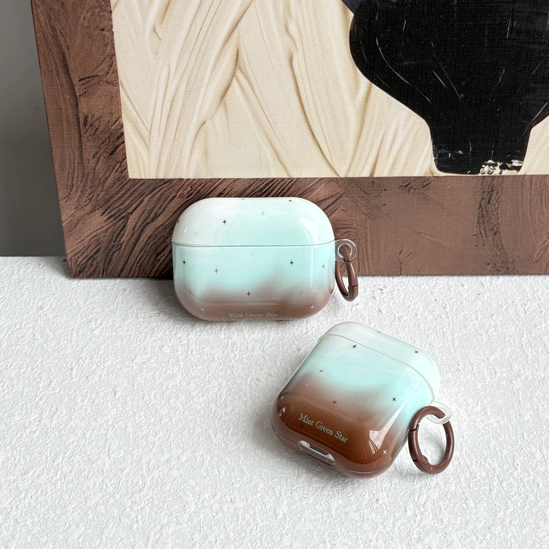 حافظة سماعة أذن بنية متدرجة باللون الأخضر النعناعي مع حلقة بنية مناسبة لأجهزة AirPods Pro3 Pro2 1 2 3 4 Pro