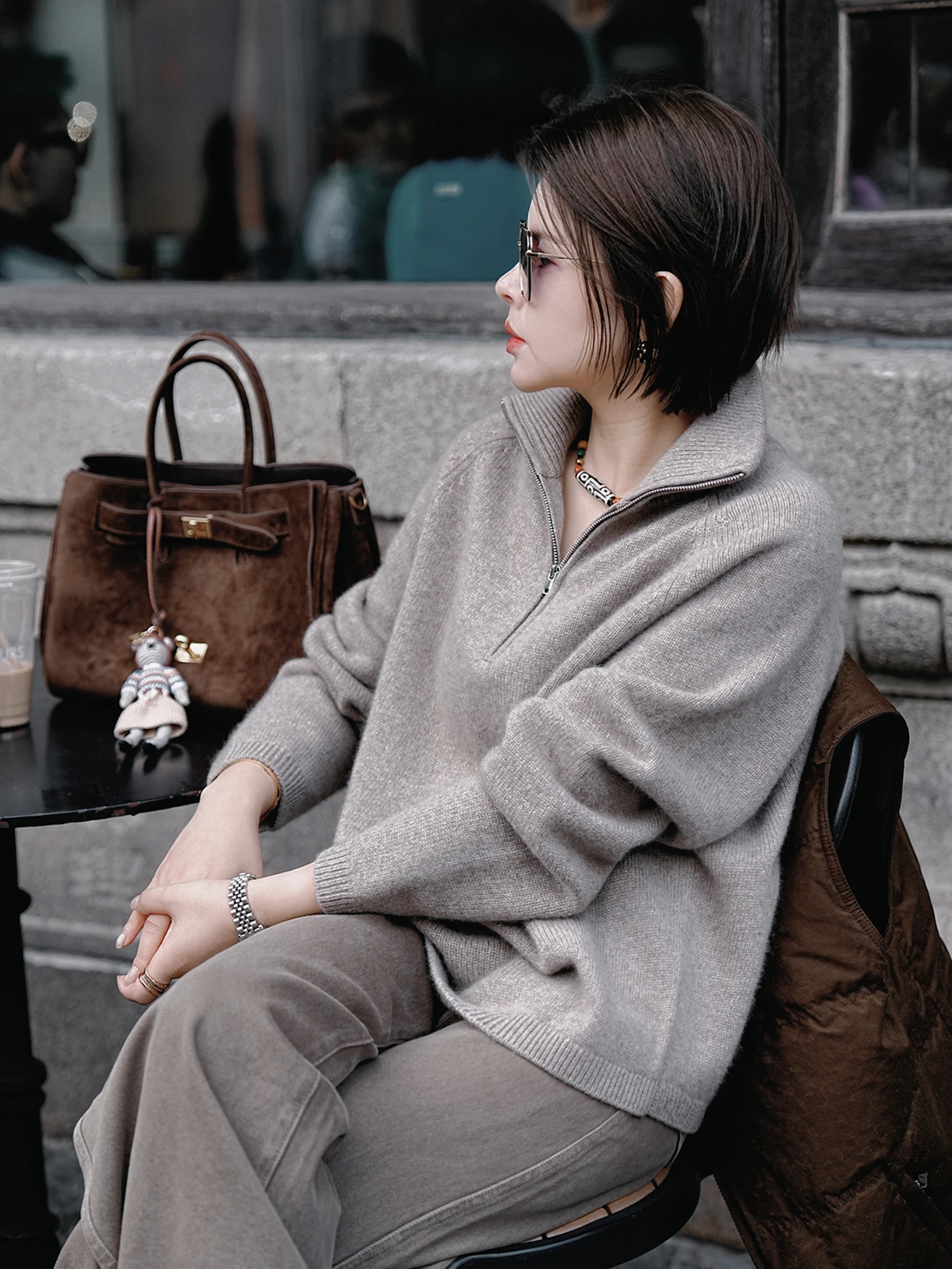 Neuer hochgeschlossener, warmer und einfacher Damenpullover aus 100 % Kaschmir mit halbem Reißverschluss