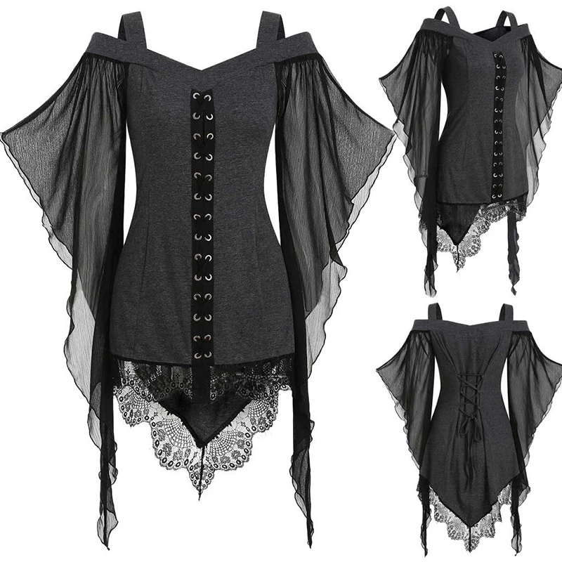 

Gothic Women Dolman Sleeve Cami T Shirt Tops Irregular Spliced Lace Chiffon Shirt Blouse Halloween Party Prom Cosplay Black Grey