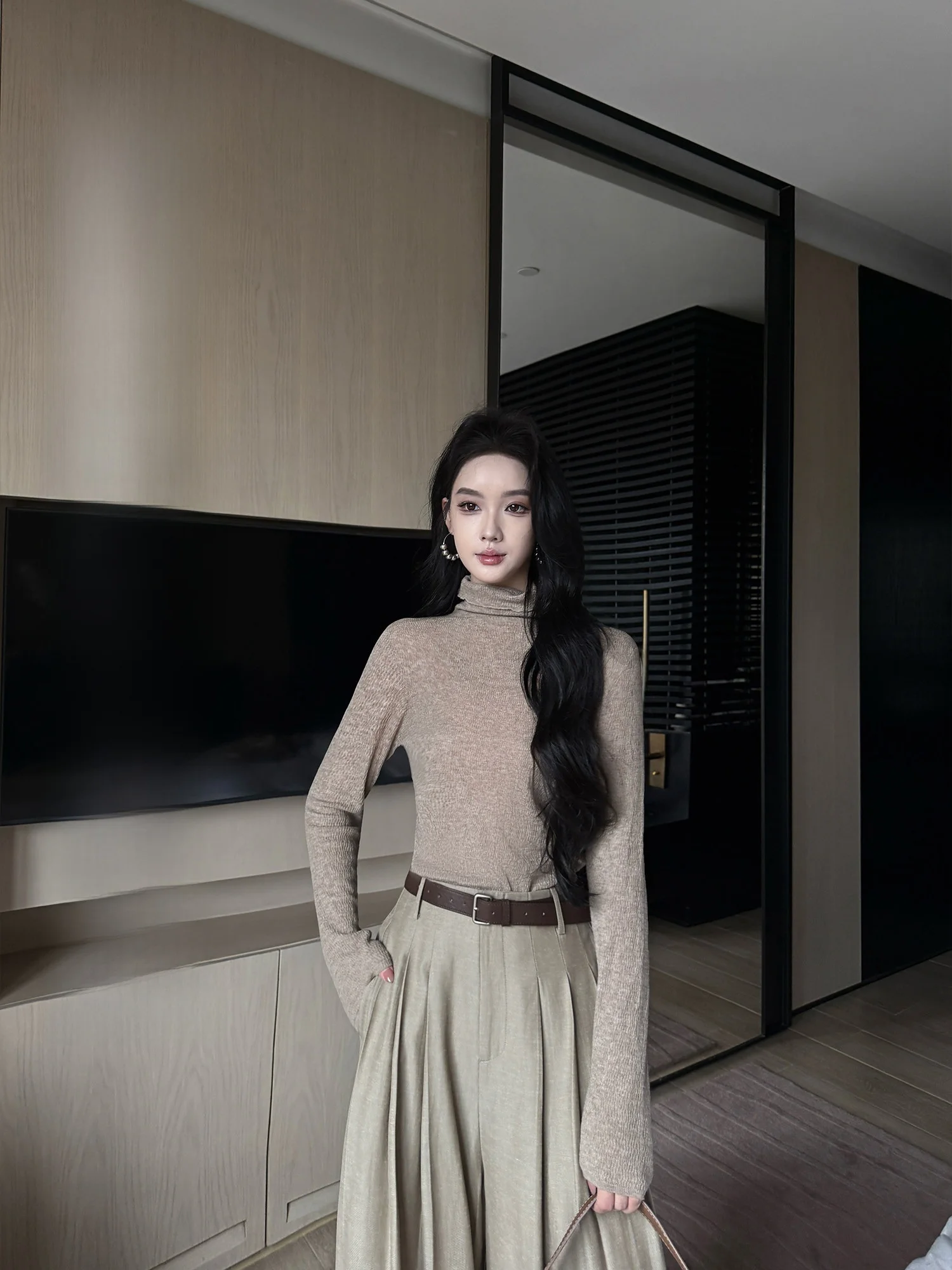 

Женский вязаный шерстяной свитер с высоким воротником, удлиненный, облегающий, для повседневной носки, свободного кроя, с V-образным вырезом, стандартной длины