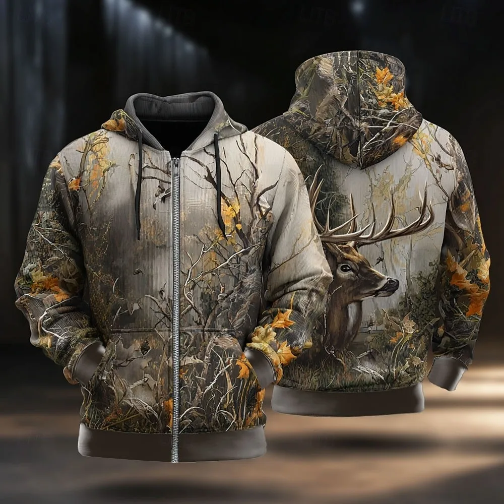 Moletom Masculino Camuflado com Capuz e Estampa de Cervo, Jaqueta Moletom Moderna para Caça e Lazer, Marrom e Verde, com Cordão e Zíper, para Outono e